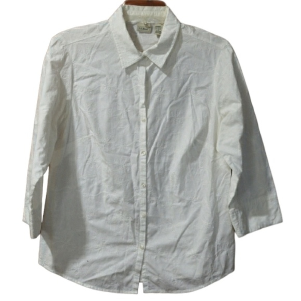 L.L. Bean White Embroidered Floral Button Down Cotton Blend Top Medium